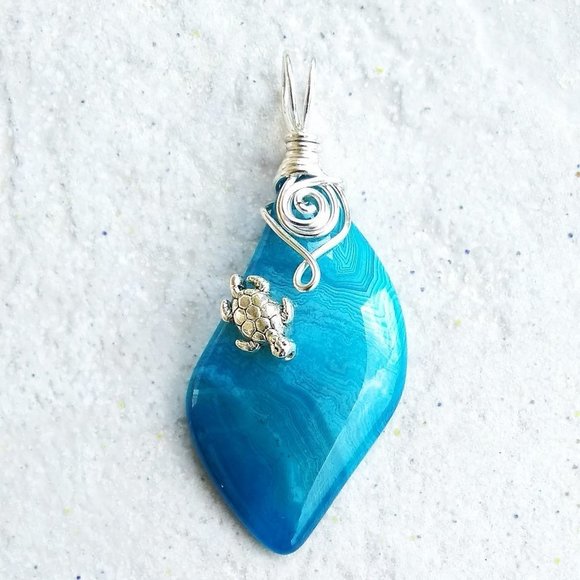 Hand Crafted Other - Sea Turtle on Blue Banded Agate Pendant ~ Beachy Ocean Boho Coastal Cowgirl